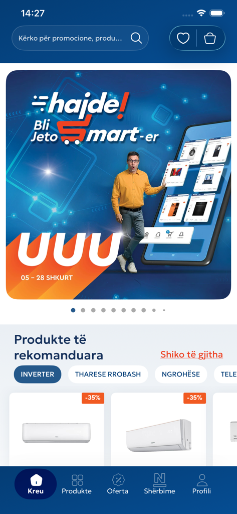 Neptun Albania - Home screen of the Neptun Albania mobile app featuring electronics promotions and recommended products.