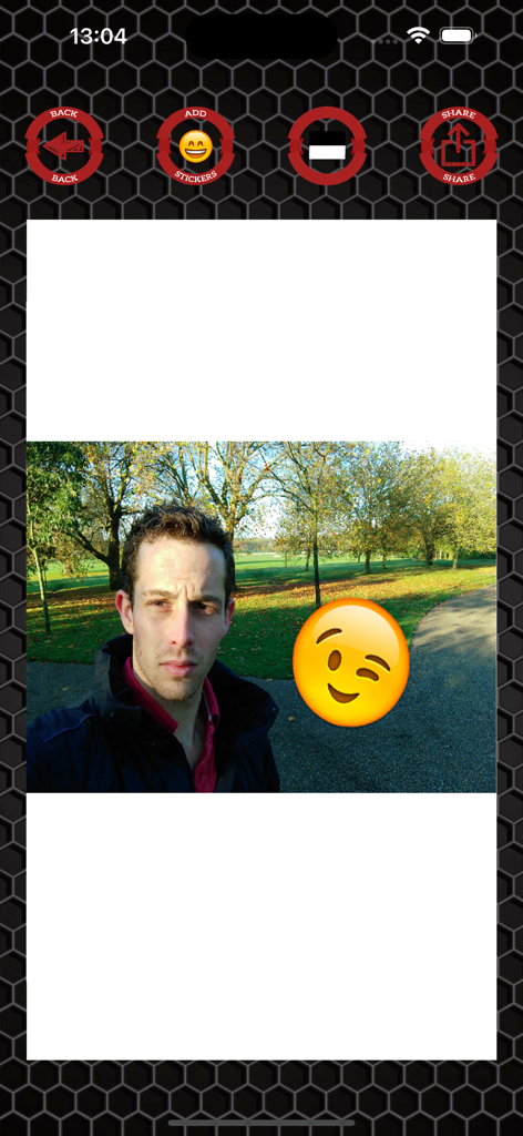 Emoji stickers to photos - A man's selfie in a park with a winking emoji sticker added using the app interface.