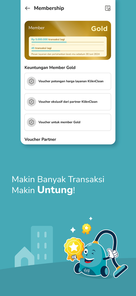 KliknClean - KliknClean Mobile App-Oberfläche, die die Gold-Mitgliedschaftsstufe und exklusive Rabattgutscheine für Reinigungsdienste anzeigt