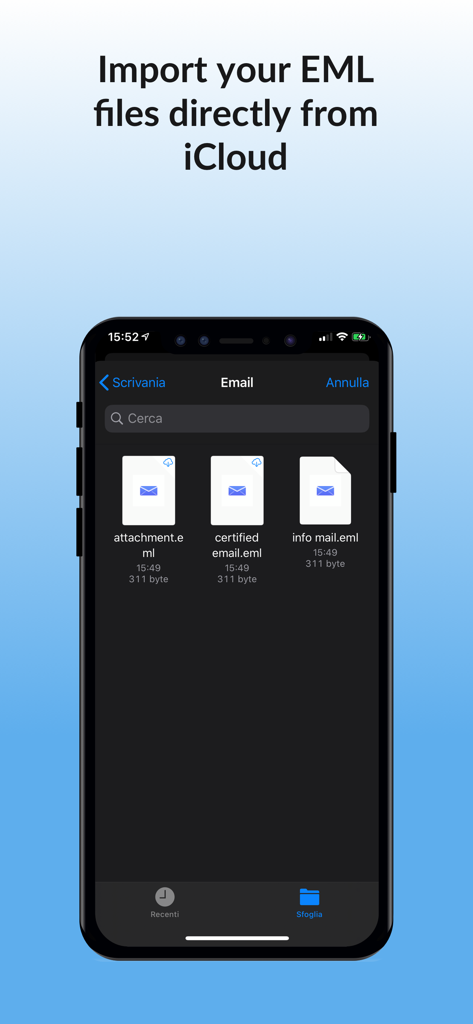 Schermata di iPhone che mostra l'app EML reader Pro che importa file email da iCloud