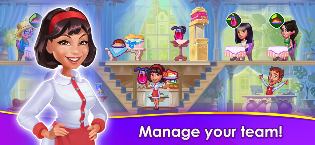 Cafe Dash: Dinner at the Diner - A female restaurant manager in the foreground with staff serving customers in a stylish cafe and the text manage your team