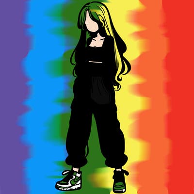 girl in baggy pants crop top and long hair