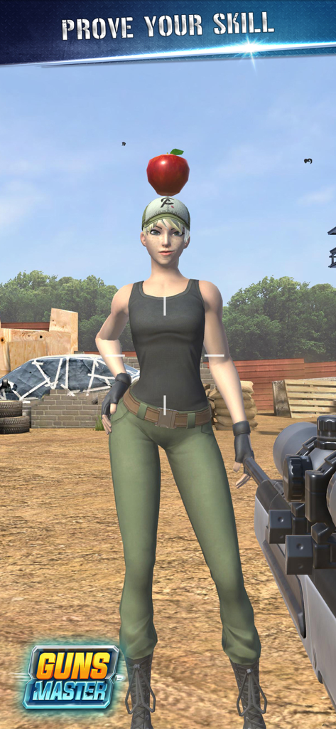Guns Master - Guns Masterモバイルゲームで、リンゴのターゲットを狙うスナイパーライフル。