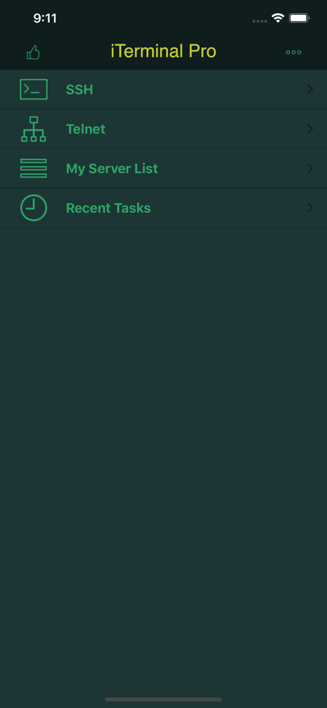 Main menu of iTerminal Pro app showing options for SSH, Telnet, Server List, and Recent Tasks.