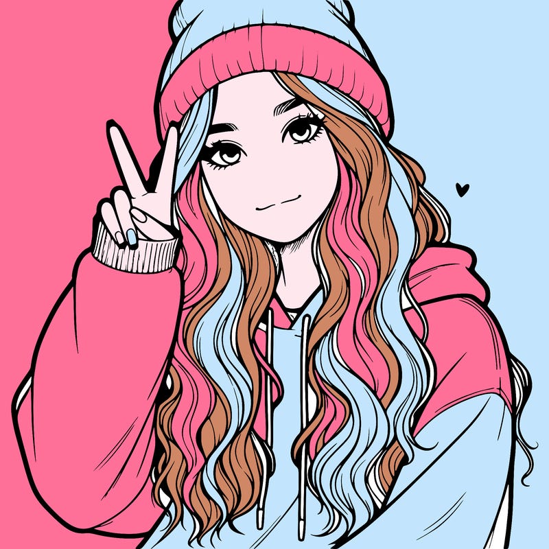 a teenage girl in a beanie, oversized sweatshirt, wavy long hair, and is showing a ✌️