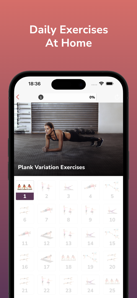 Flat Belly Workout Plan - A mobile app interface displaying a woman performing plank exercises with a numbered grid for a 25-day home workout plan