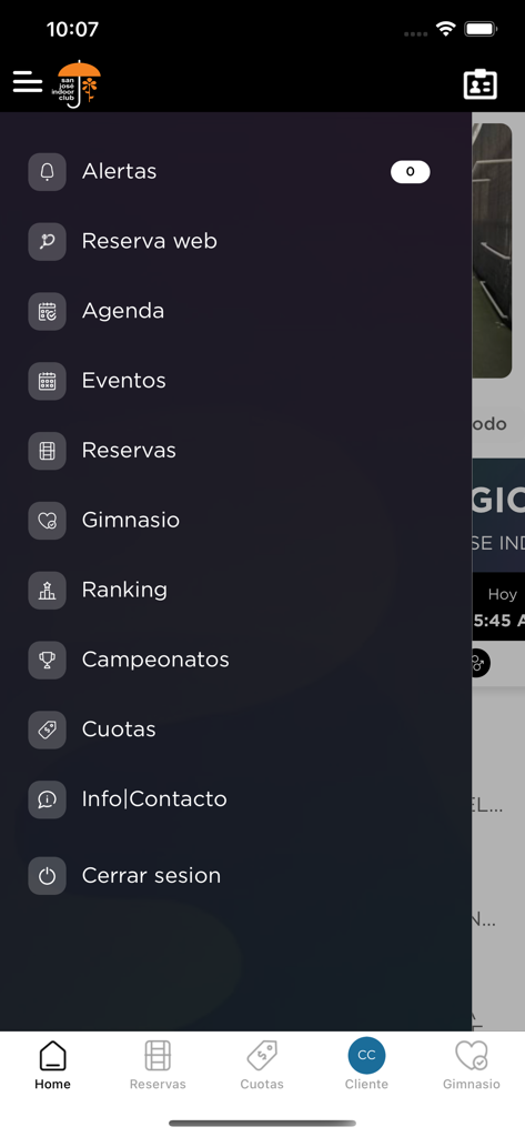 San Jose Indoor Club - Side navigation menu of the San Jose Indoor Club app with sports and booking options