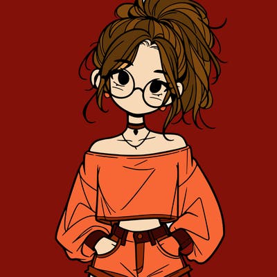 girl with a messy ponytail glasses a baggy crop top and jean shorts