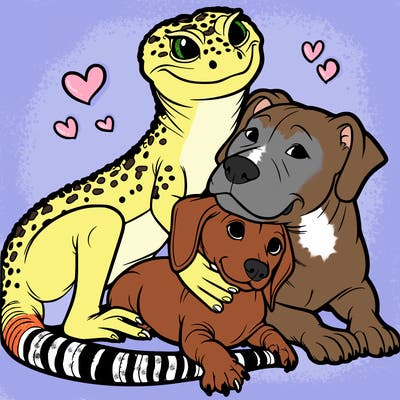 a leopard gecko dachshund and pitbull cuddling