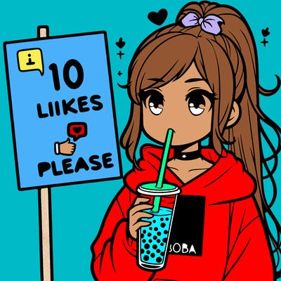 girl with a high ponytail and a hoodie drinking boba staring at a sign saying 10 likes please