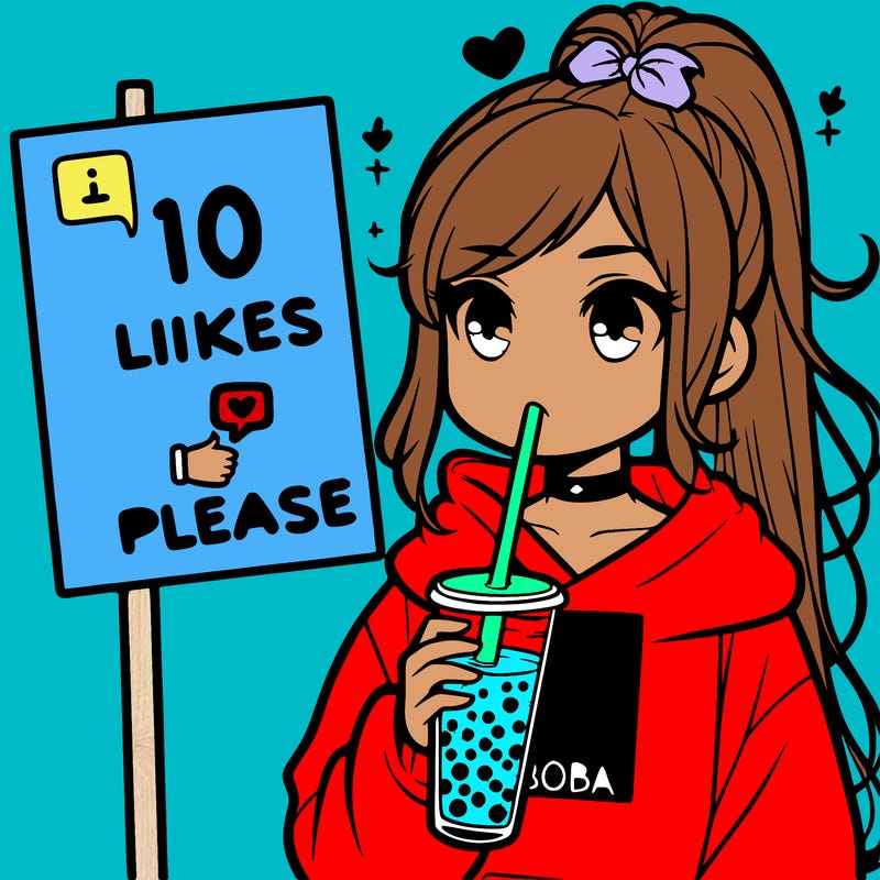 girl with a high ponytail and a hoodie drinking boba staring at a sign saying 10 likes please