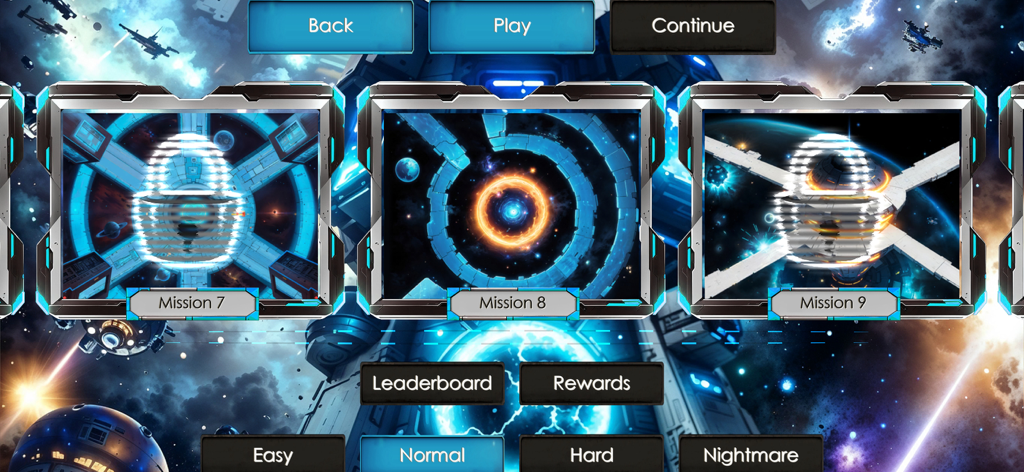 Strike Zone Galaxy Siege - Mission selection menu in Strike Zone Galaxy Siege showing unlocked and locked space missions with difficulty levels