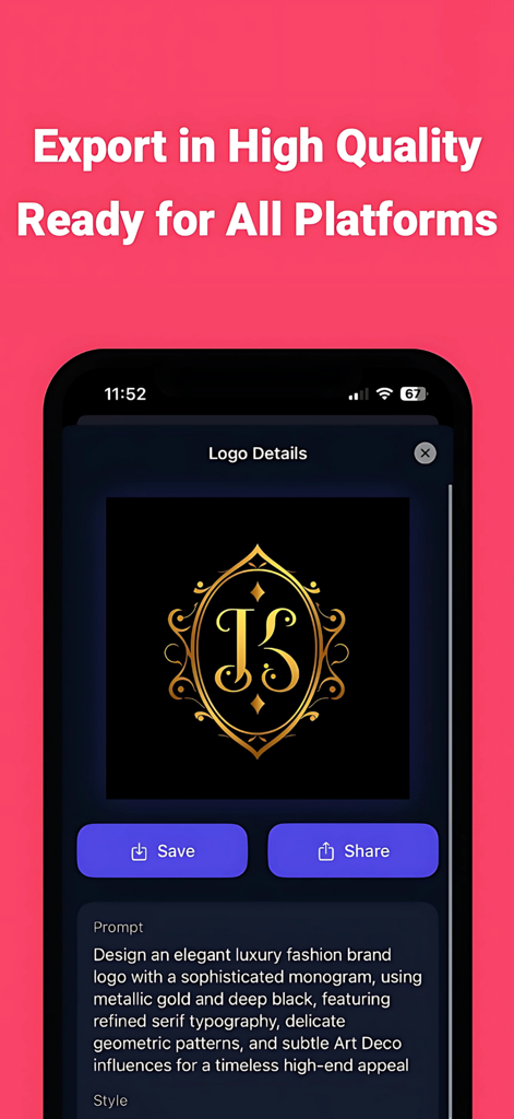 Interfaz de la aplicación AI Logo Maker que muestra opciones de exportación y compartición de alta calidad para un logo monograma dorado de lujo