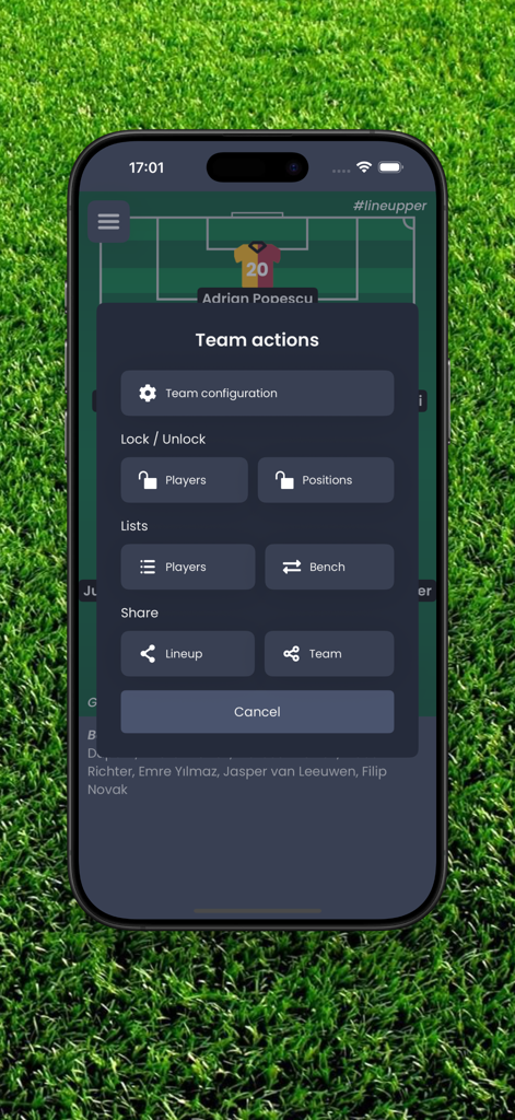 Lineupper 앱의 축구팀 관리 메뉴