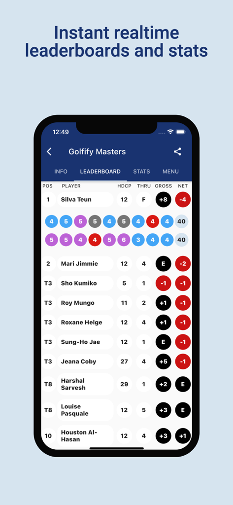 Golfify - Golf Tournament App - A live golf tournament leaderboard showing player rankings and scores