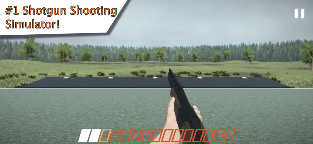 First person view of a shotgun aimed at an outdoor shooting range in the Clay Hunt START app