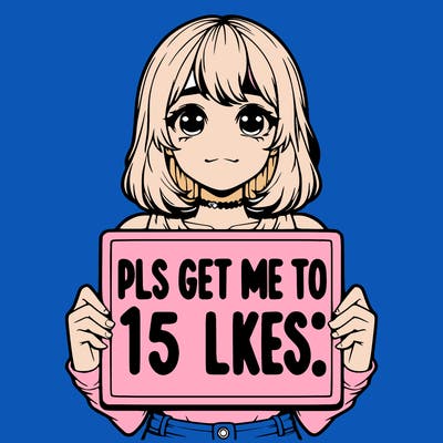 realistic girl holding up a sign that says “pls get me to 15 likes!”
