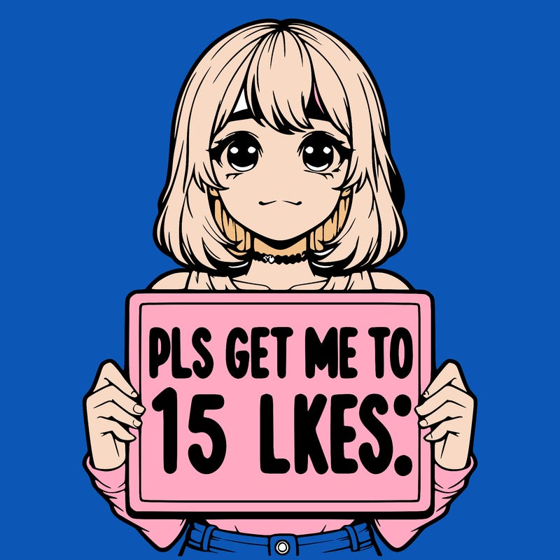 realistic girl holding up a sign that says “pls get me to 15 likes!”