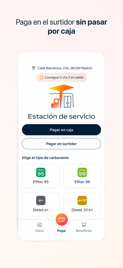Waylet. Pagos con el móvil - Waylet app screen showing mobile payment options at a gas station and fuel type selection