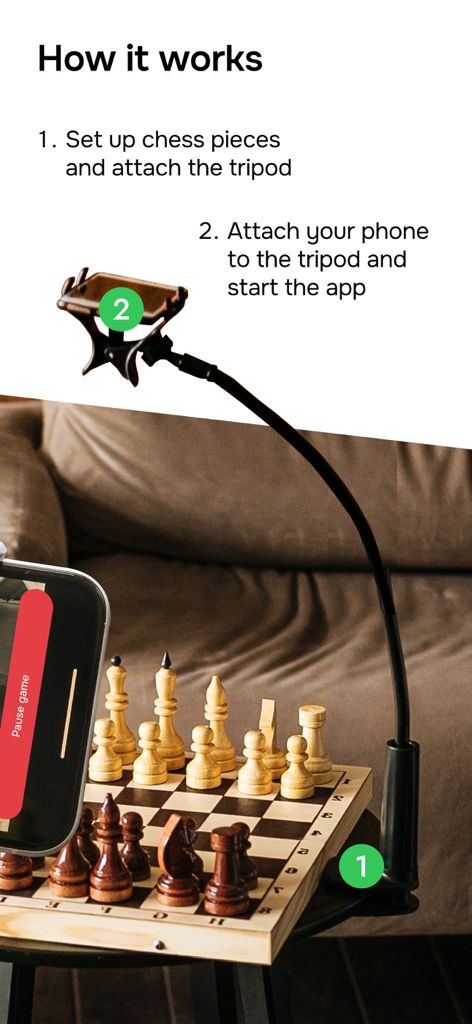 Infographic showing how to set up idChess using a smartphone tripod over a physical chessboard