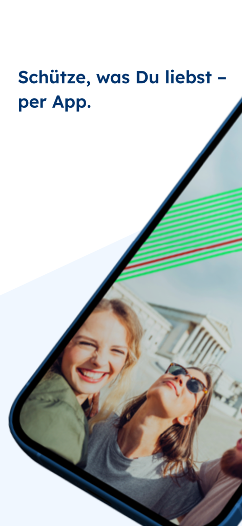 Mobile phone screen displaying the meinCosmosDirekt insurance app with a photo of smiling friends and a slogan about protecting what you love.