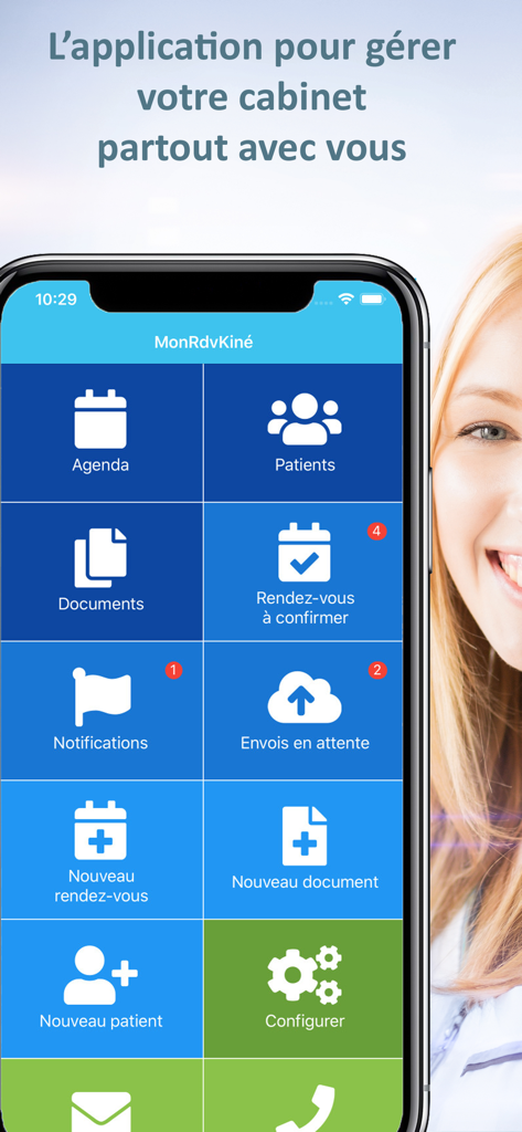 Mon Rdv Kiné - Praticien - Tableau de bord mobile de l'application Mon Rdv Kiné pour kinésithérapeutes montrant des outils de gestion comme l'agenda et les dossiers patients