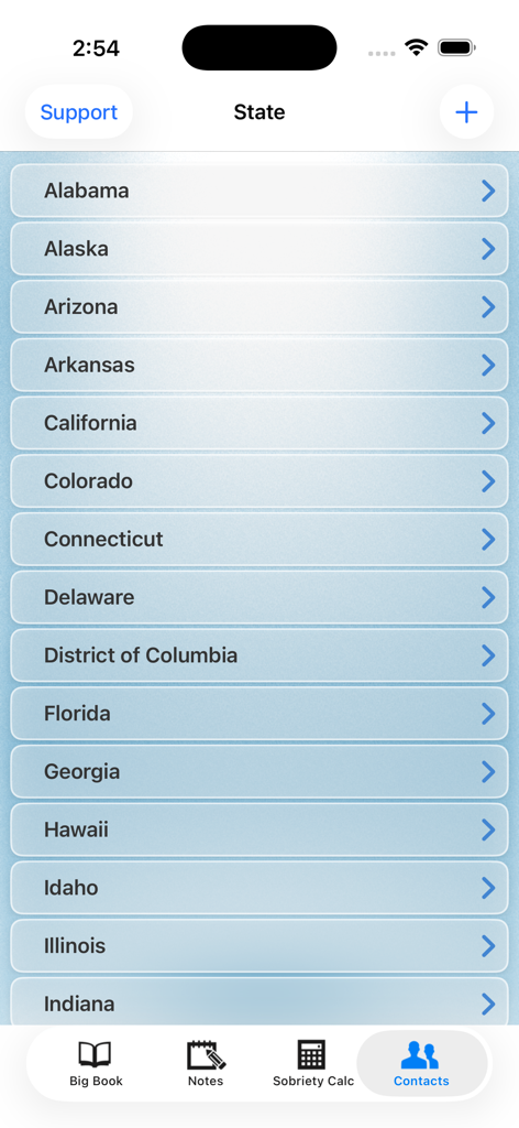 12 Steps Companion AA Big Book - List of US states in the contacts section of the 12 Steps Companion app