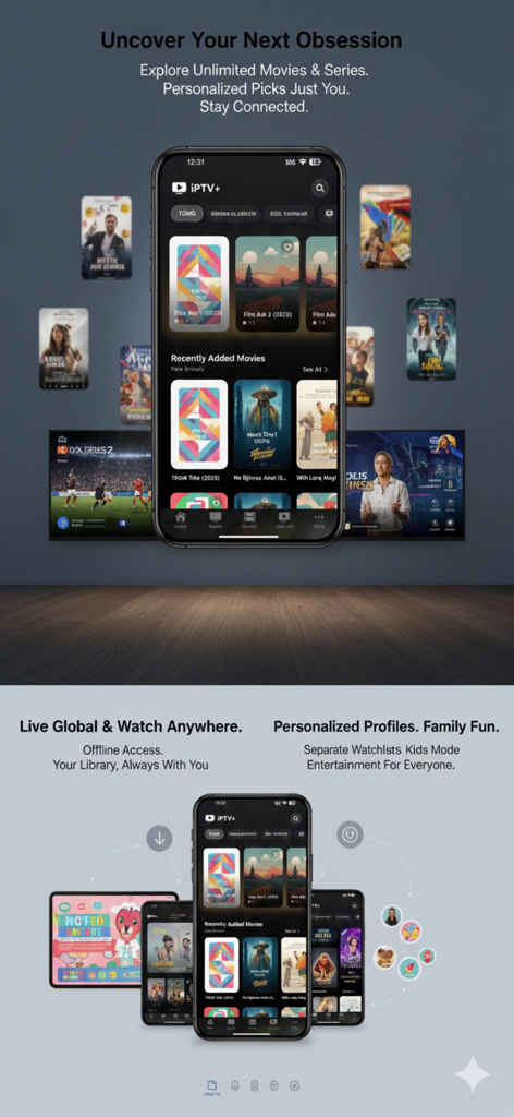 iPTV Player Plus App-Oberfläche auf iPhone und iPad, die personalisierte Filme und Serien zeigt