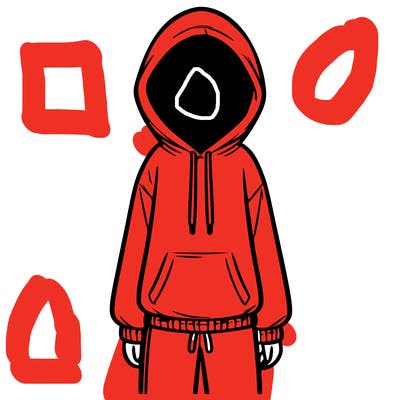 faceless girl in a tracksuit with a hood on and no hair