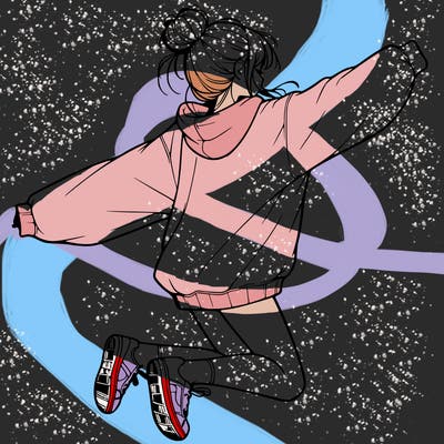 realistic girl jumping with a bun and oversized sweatshirt