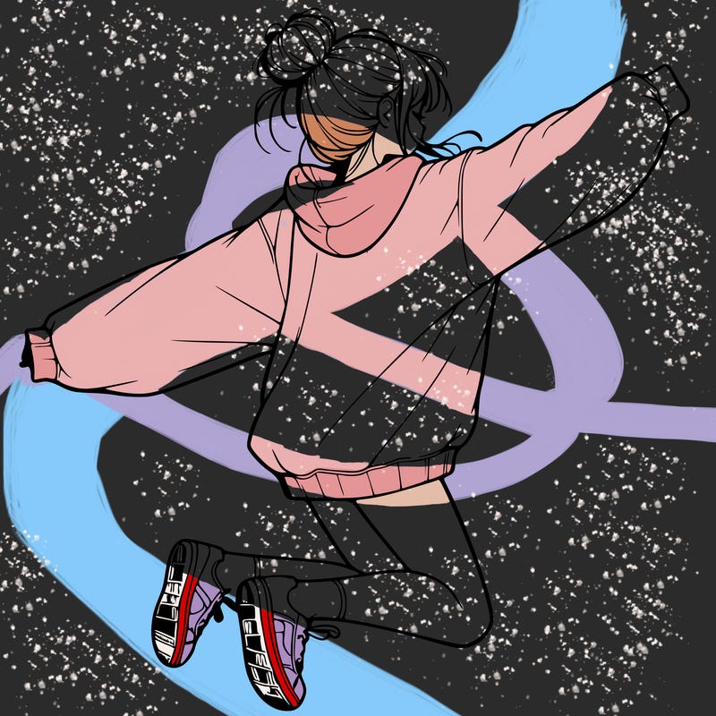 realistic girl jumping with a bun and oversized sweatshirt