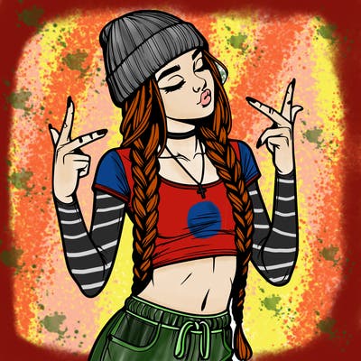 realistic teenage girl with braids and a beanie and crop top doing 🫶🏼