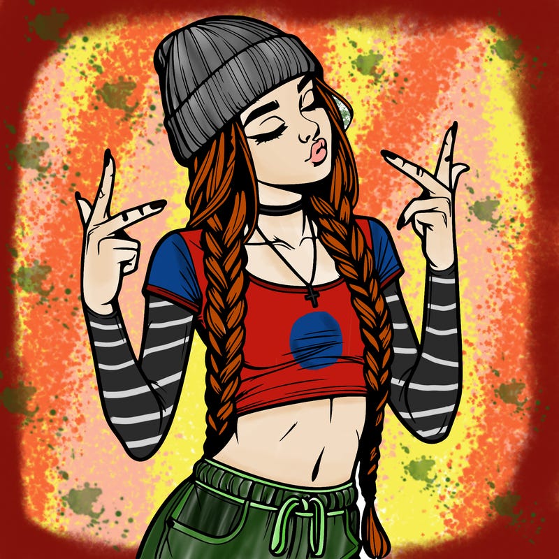 realistic teenage girl with braids and a beanie and crop top doing 🫶🏼