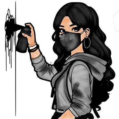 realistic girl with mask spray painting a wall