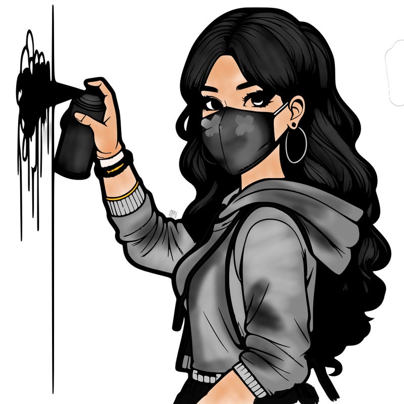 realistic girl with mask spray painting a wall
