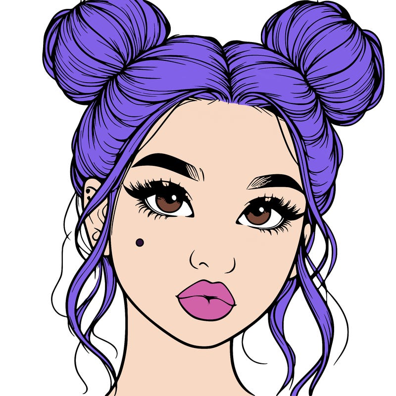 realistic girl with two buns on her hair and lips