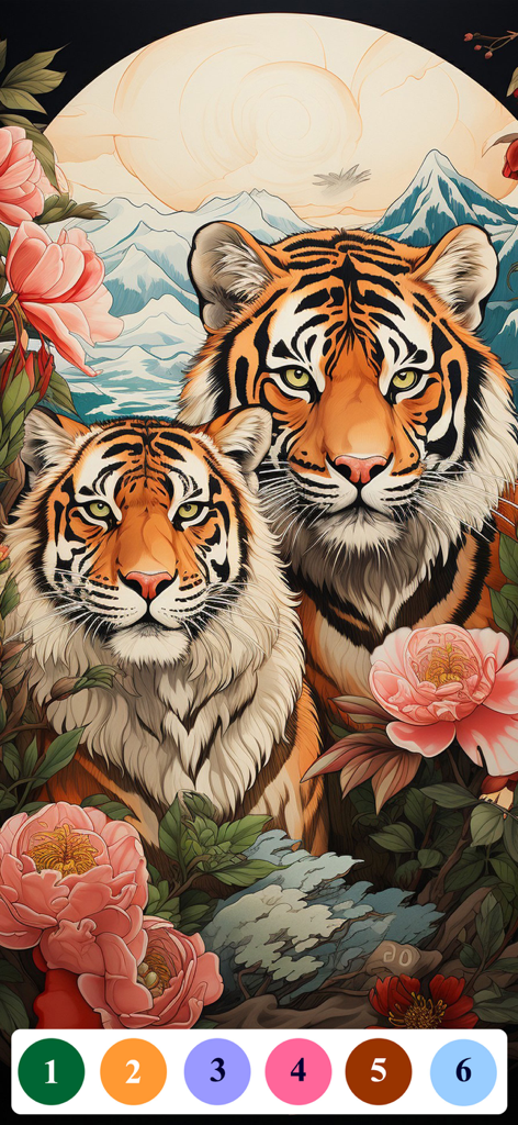 Senior Color - Paint By Number - Digital paint by number screen showing two tigers among flowers with large numbered buttons for seniors.