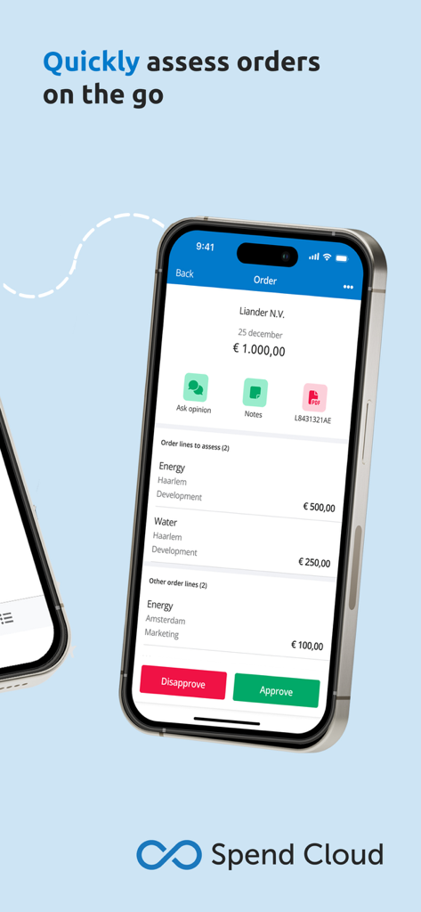 Spend Cloud app interface on a smartphone showing an order review screen with approve and disapprove buttons