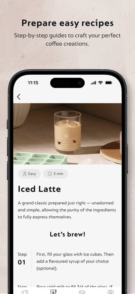 Nespresso Smart 앱의 아이스 라떼 단계별 레시피 가이드