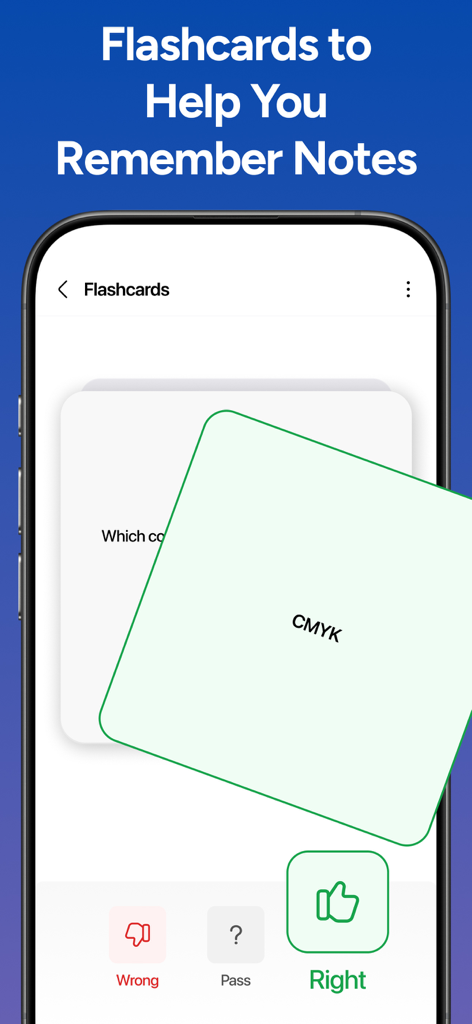 AI Note Taker app showing flashcards for active recall study sessions with options to mark answers as wrong, pass, or right