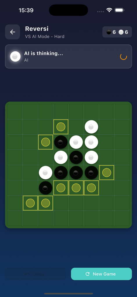 Multi Game Hub - Reversi strategy game interface in Multi Game Hub mobile app.