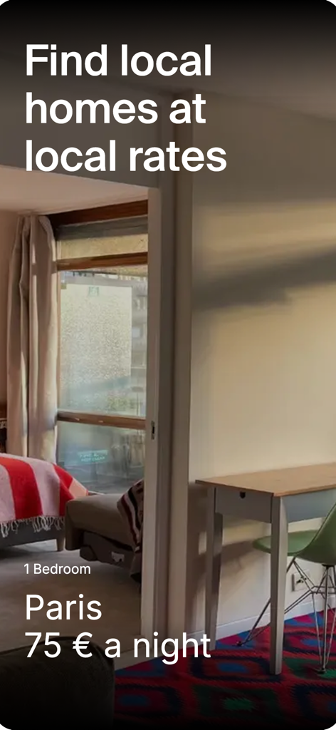 Ciao - Sublet Community - Interfaz de la aplicación Ciao que muestra el anuncio de un apartamento privado de una habitación en París por setenta y cinco euros por noche