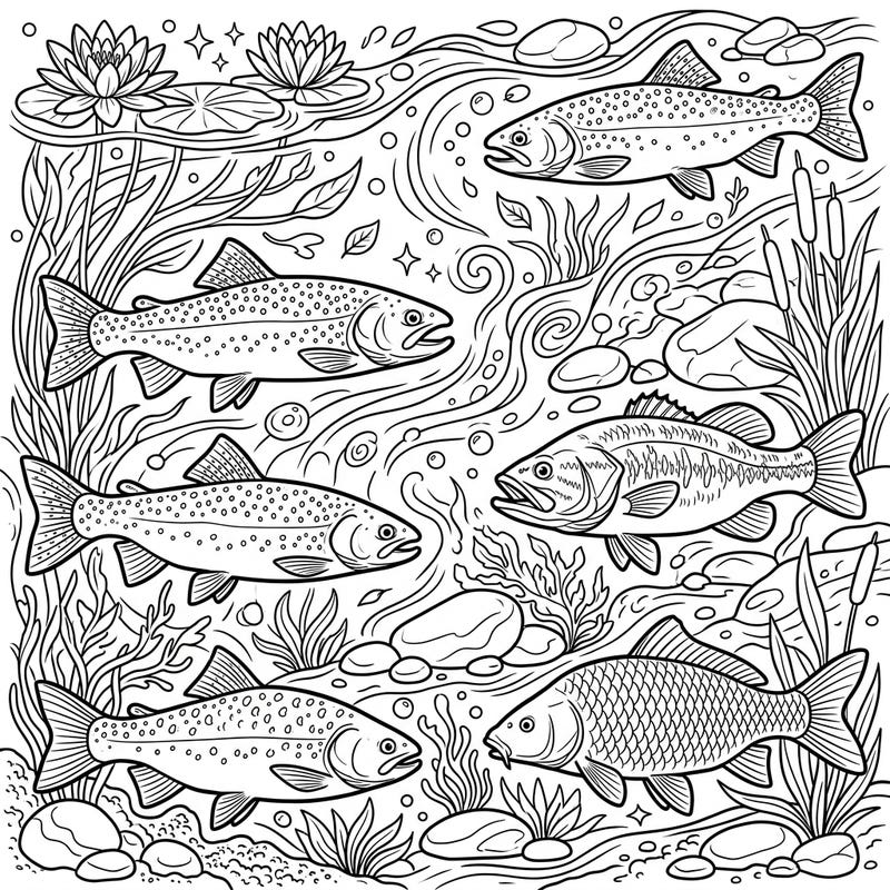 Explore the depths of creativity with this intricate freshwater fish coloring page, specially designed for teens. Featuring a vibrant array of trout, salmon, bass, and carp amidst aquatic plants and river stones, it promises a truly immersive coloring adventure.