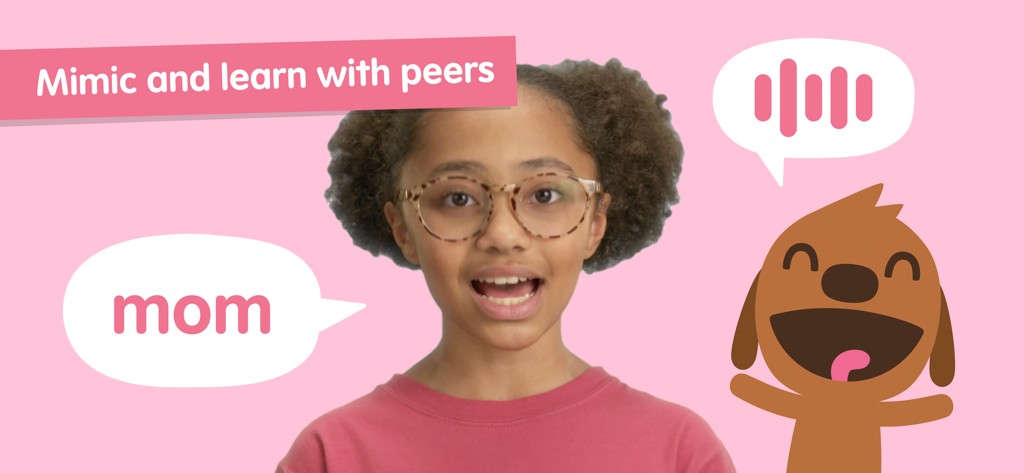 A young girl modeling the word mom for speech development in the Sago Mini First Words app.