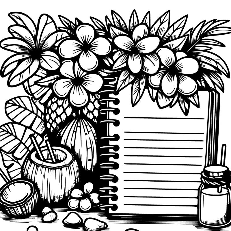 notebook with flowers, palm trees, and coconuts