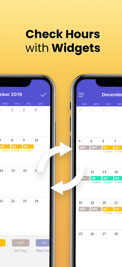 Shift Day Work Calendar: Spoke - Spoke app screenshot showing a color coded shift work calendar and synchronization features with widgets