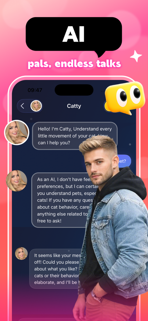 Elara - Chat - A screenshot of the Elara app displaying a chat interface with an AI cat behavior specialist named Catty providing pet care advice.