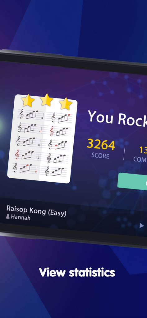 Piano Rush - Piano Games - Ein Screenshot der Piano Rush App zeigt eine Drei-Sterne-Bewertung und Noten für einen abgeschlossenen Song.