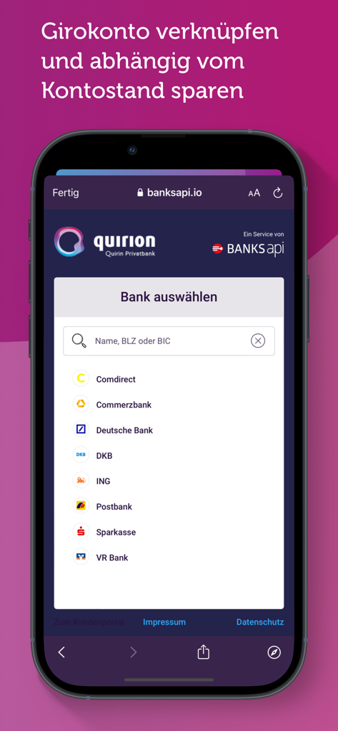 quirion – digitale Geldanlage - The quirion app interface for linking a bank account with a list of various banks.