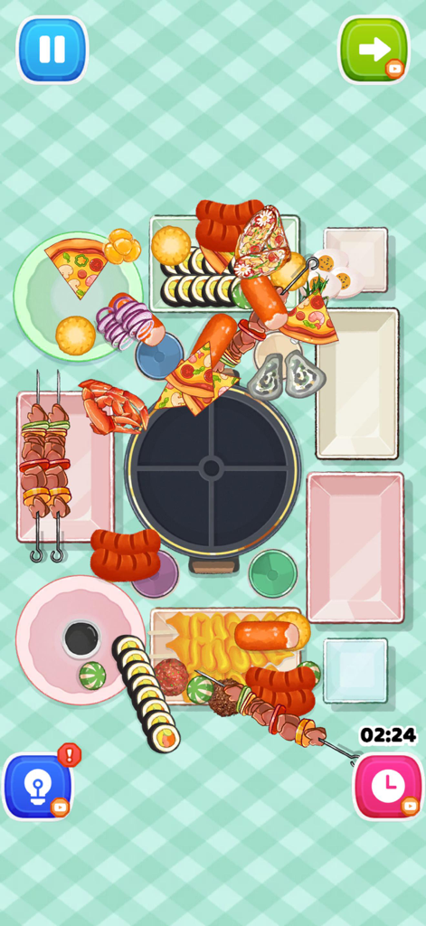 Organize ASMR: Tidy Games - A top-down view of a food organization level in the Organize ASMR game showing sushi pizza and skewers to be arranged on plates
